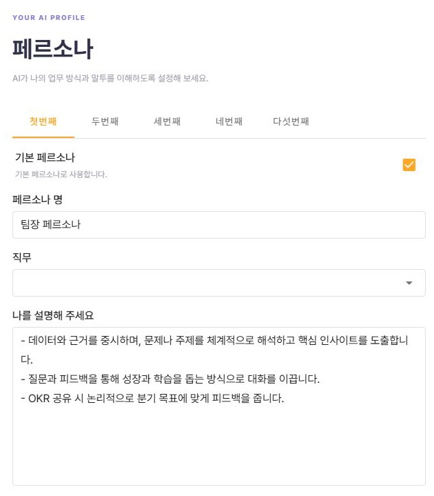 써팀 페르소나 탭과 이름·직무·업무 방식 입력 항목