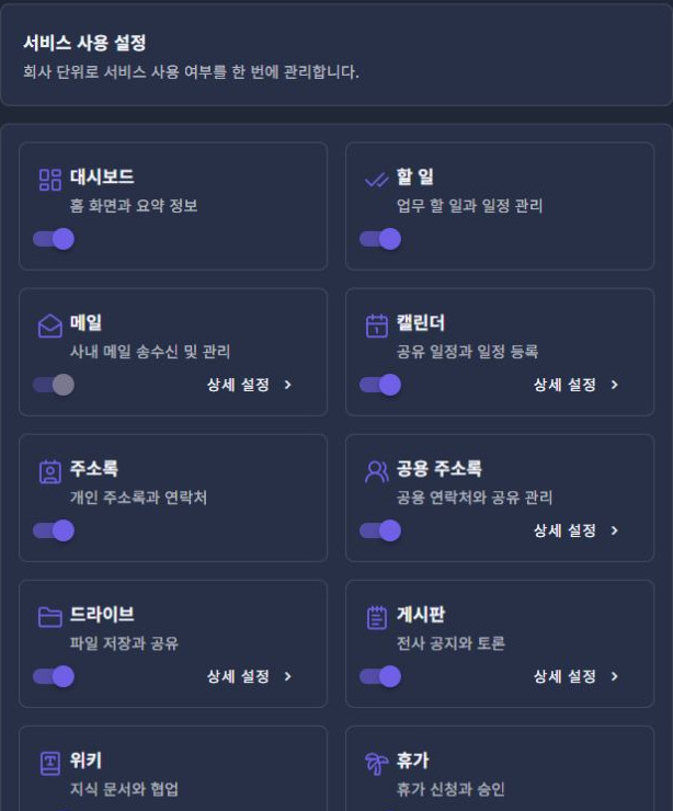 써팀 관리자 서비스 사용 설정 · 회사별 사용 여부 / 서비스 사용 설정 · 상세 설정 이동