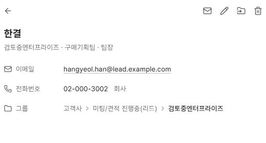 써팀 공용 연락처 상세의 메일 쓰기 도구와 이메일 주소